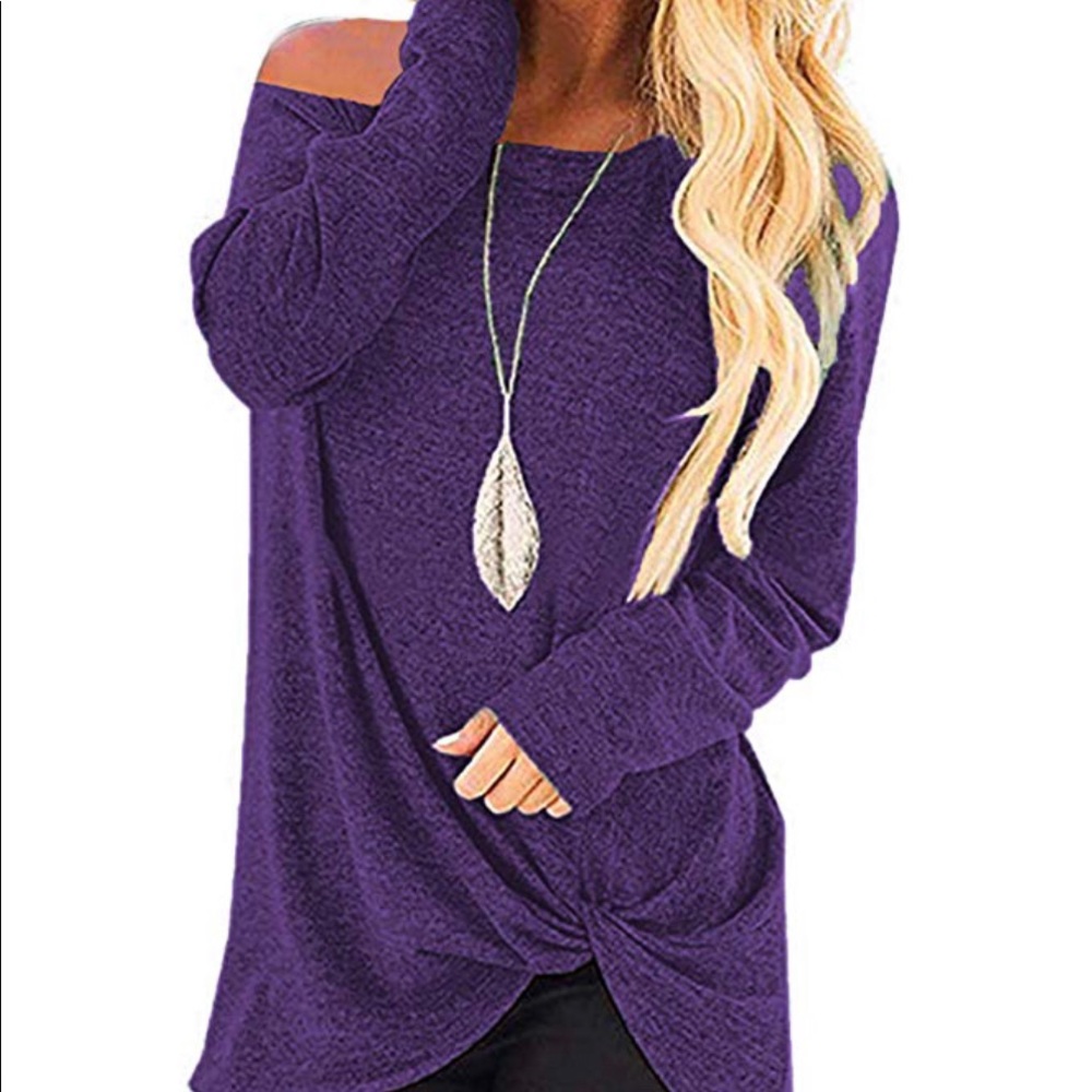 Purple off shoulder long sleeve solid top - Picture 2 of 7